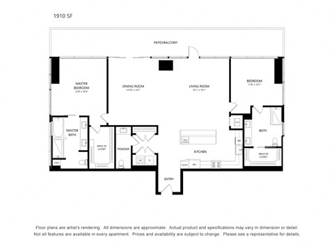 Floor plan for 2 beds, 2.5 baths, 1910 sqft